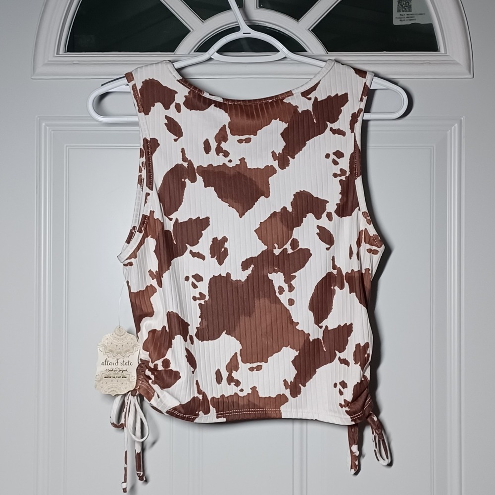 Altar'd State brown and white cow-print ruched crop top side drawstring tie Jr L